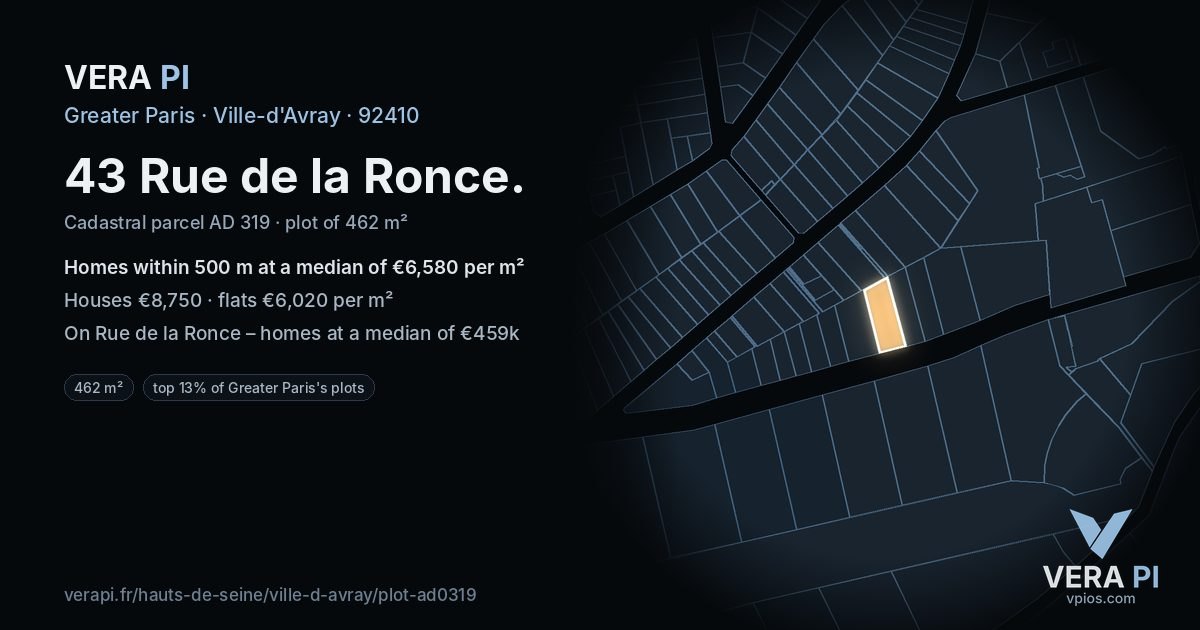 43 Rue de la Ronce, Ville-d'Avray at night – the plot lit, the parcels around coloured by the prices near them