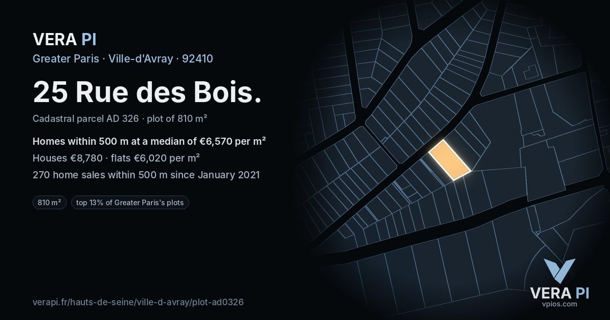 25 Rue des Bois, Ville-d'Avray at night – the plot lit, the parcels around coloured by the prices near them