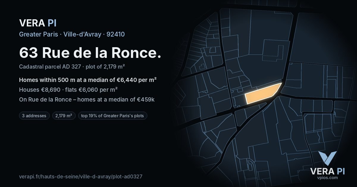 63 Rue de la Ronce, Ville-d'Avray at night – the plot lit, the parcels around coloured by the prices near them