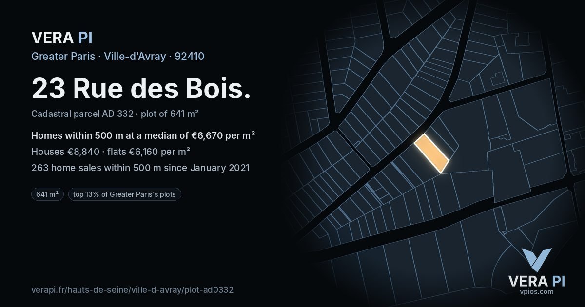 23 Rue des Bois, Ville-d'Avray at night – the plot lit, the parcels around coloured by the prices near them