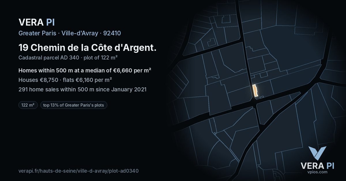19 Chemin de la Côte d'Argent, Ville-d'Avray at night – the plot lit, the parcels around coloured by the prices near them
