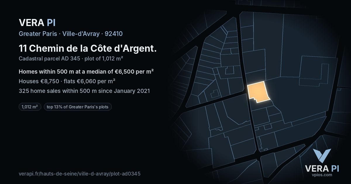 11 Chemin de la Côte d'Argent, Ville-d'Avray at night – the plot lit, the parcels around coloured by the prices near them