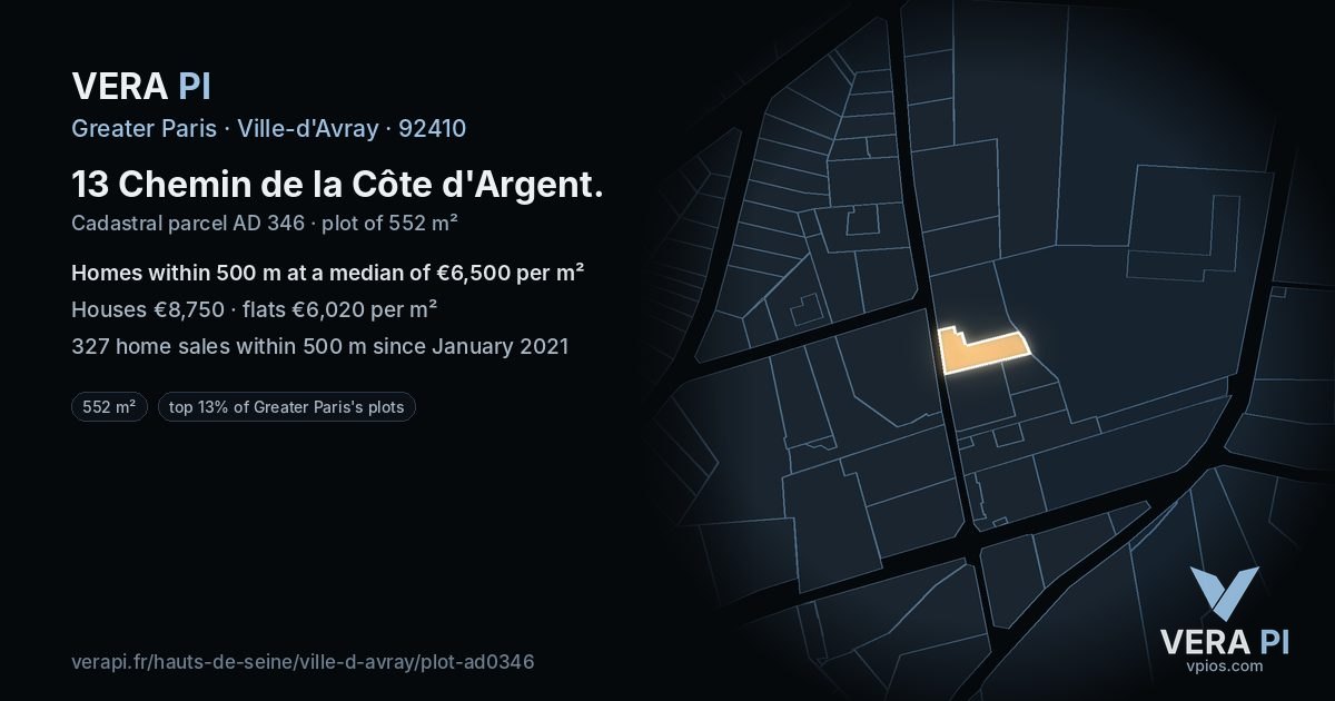 13 Chemin de la Côte d'Argent, Ville-d'Avray at night – the plot lit, the parcels around coloured by the prices near them