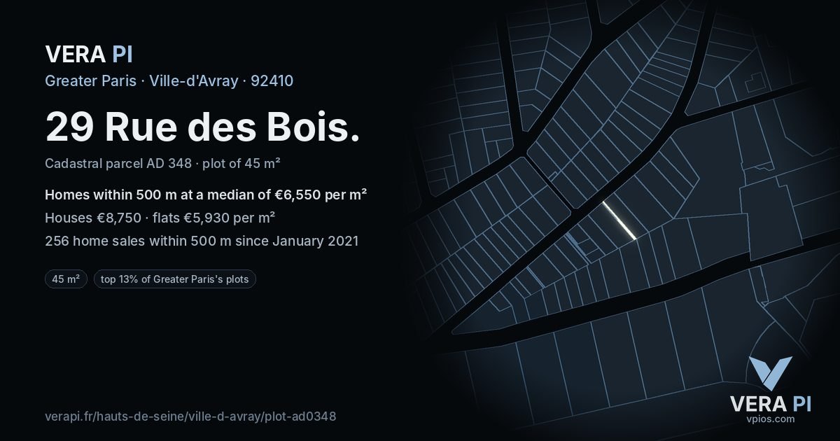 29 Rue des Bois, Ville-d'Avray at night – the plot lit, the parcels around coloured by the prices near them
