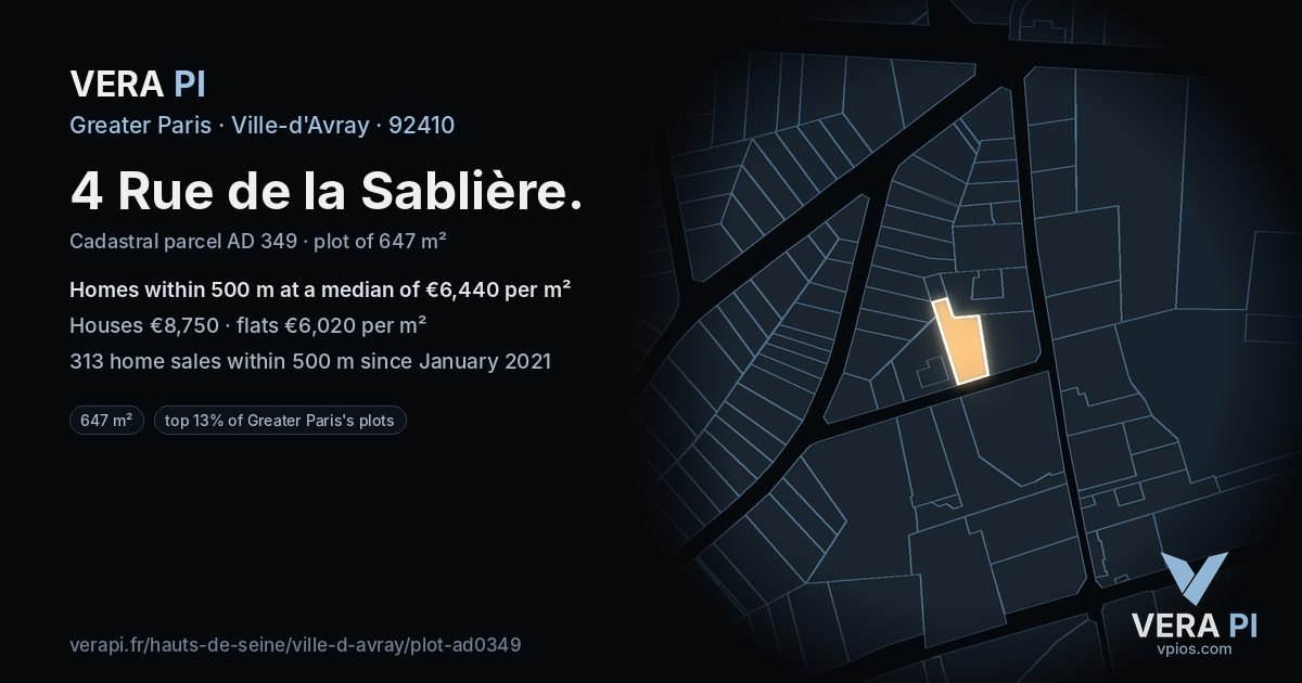 4 Rue de la Sablière, Ville-d'Avray at night – the plot lit, the parcels around coloured by the prices near them
