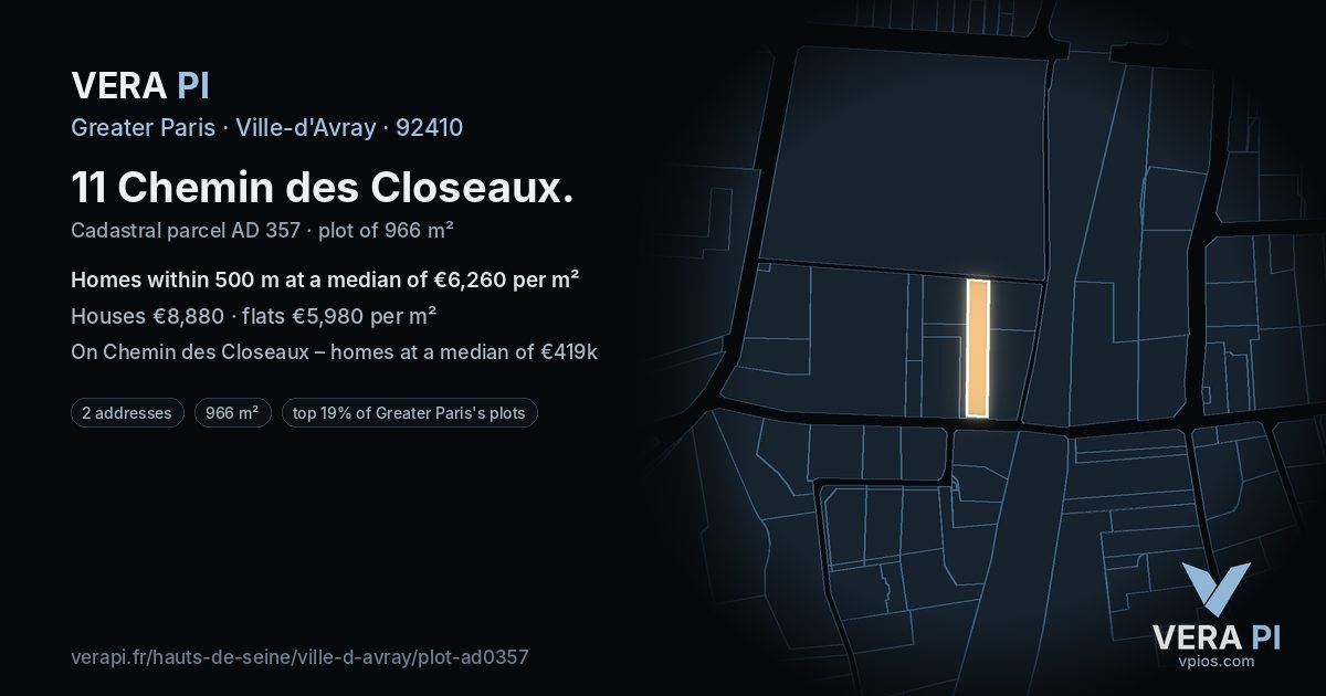 11 Chemin des Closeaux, Ville-d'Avray at night – the plot lit, the parcels around coloured by the prices near them