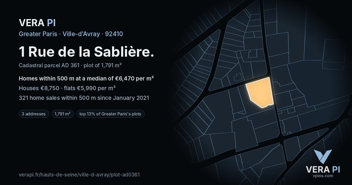 1 Rue de la Sablière, Ville-d'Avray at night – the plot lit, the parcels around coloured by the prices near them