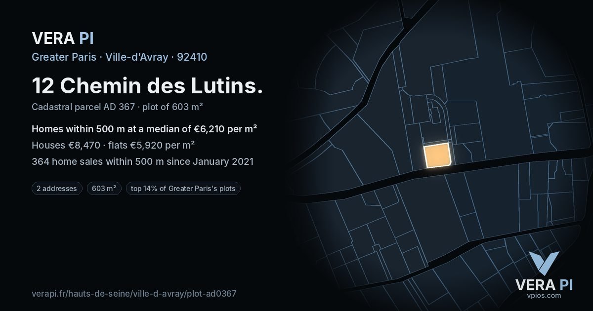 12 Chemin des Lutins, Ville-d'Avray at night – the plot lit, the parcels around coloured by the prices near them