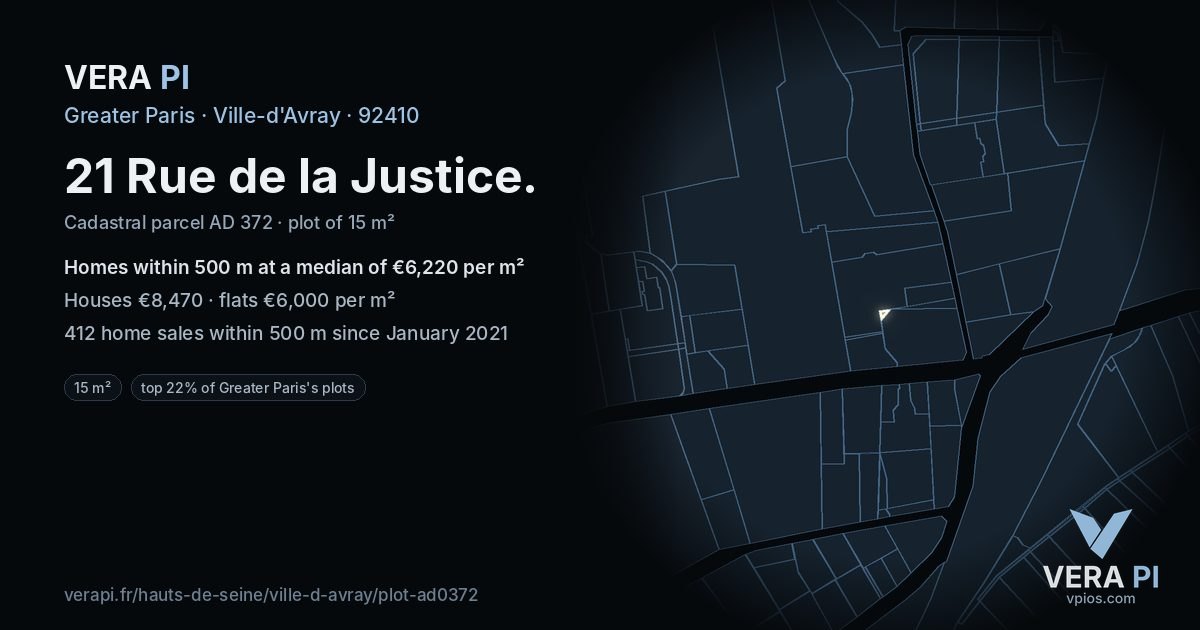 21 Rue de la Justice, Ville-d'Avray at night – the plot lit, the parcels around coloured by the prices near them