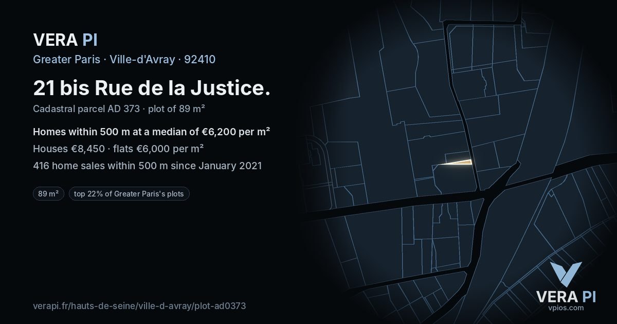 21 bis Rue de la Justice, Ville-d'Avray at night – the plot lit, the parcels around coloured by the prices near them