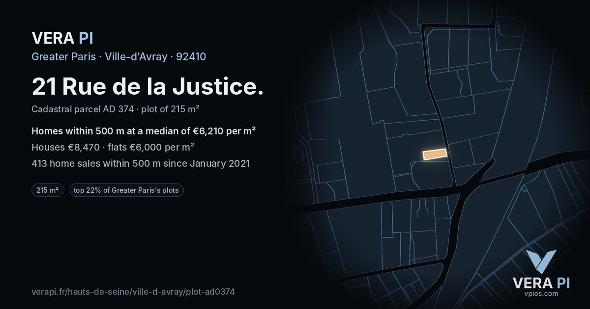 21 Rue de la Justice, Ville-d'Avray at night – the plot lit, the parcels around coloured by the prices near them