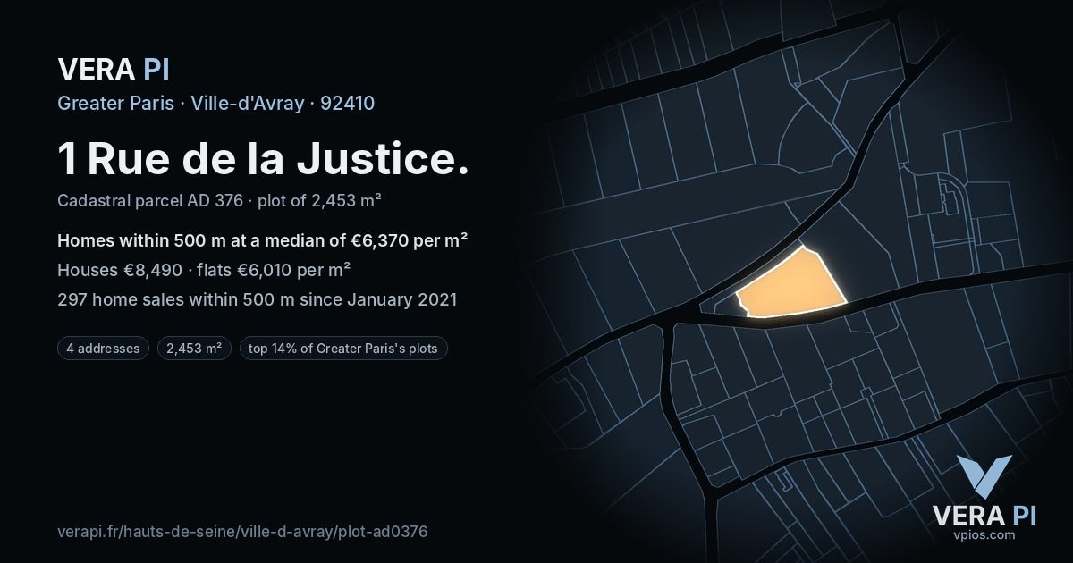1 Rue de la Justice, Ville-d'Avray at night – the plot lit, the parcels around coloured by the prices near them