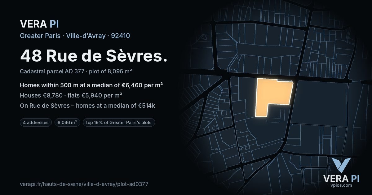 48 Rue de Sèvres, Ville-d'Avray at night – the plot lit, the parcels around coloured by the prices near them