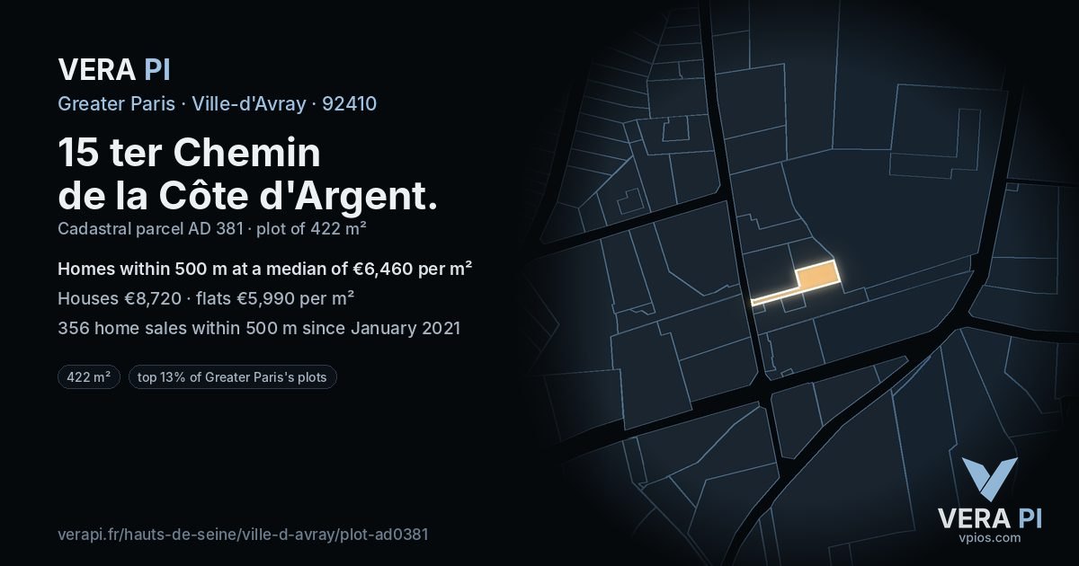 15 ter Chemin de la Côte d'Argent, Ville-d'Avray at night – the plot lit, the parcels around coloured by the prices near them
