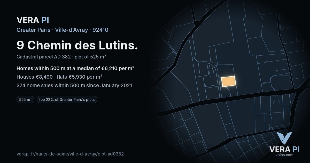 9 Chemin des Lutins, Ville-d'Avray at night – the plot lit, the parcels around coloured by the prices near them