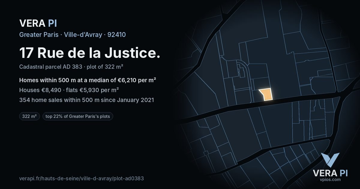17 Rue de la Justice, Ville-d'Avray at night – the plot lit, the parcels around coloured by the prices near them