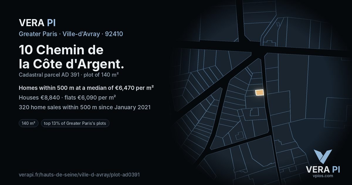 10 Chemin de la Côte d'Argent, Ville-d'Avray at night – the plot lit, the parcels around coloured by the prices near them
