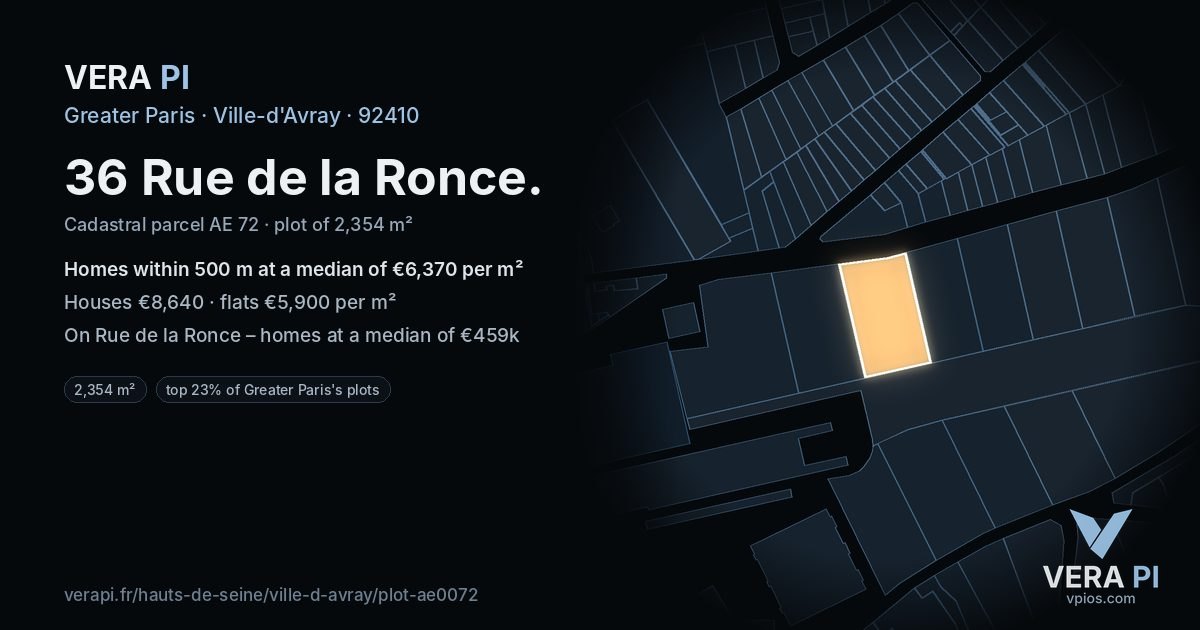 36 Rue de la Ronce, Ville-d'Avray at night – the plot lit, the parcels around coloured by the prices near them