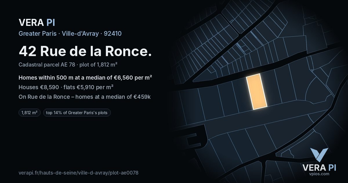 42 Rue de la Ronce, Ville-d'Avray at night – the plot lit, the parcels around coloured by the prices near them