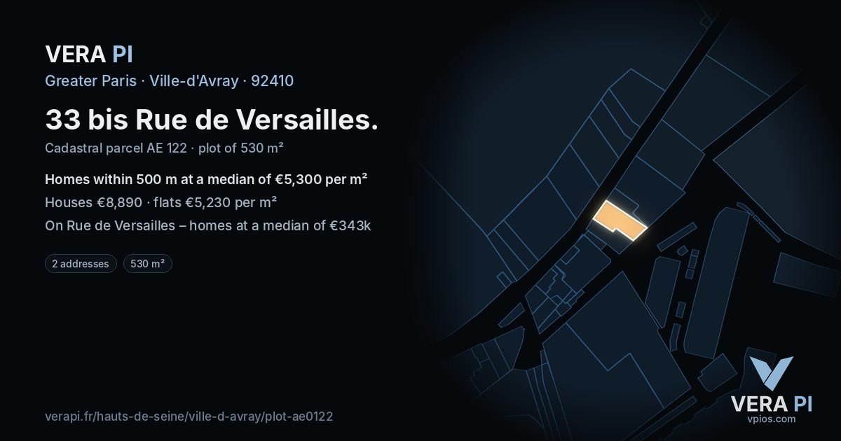 33 bis Rue de Versailles, Ville-d'Avray at night – the plot lit, the parcels around coloured by the prices near them