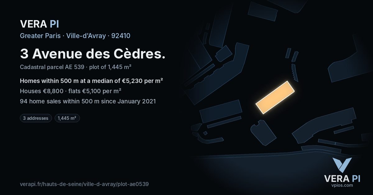 3 Avenue des Cèdres, Ville-d'Avray at night – the plot lit, the parcels around coloured by the prices near them
