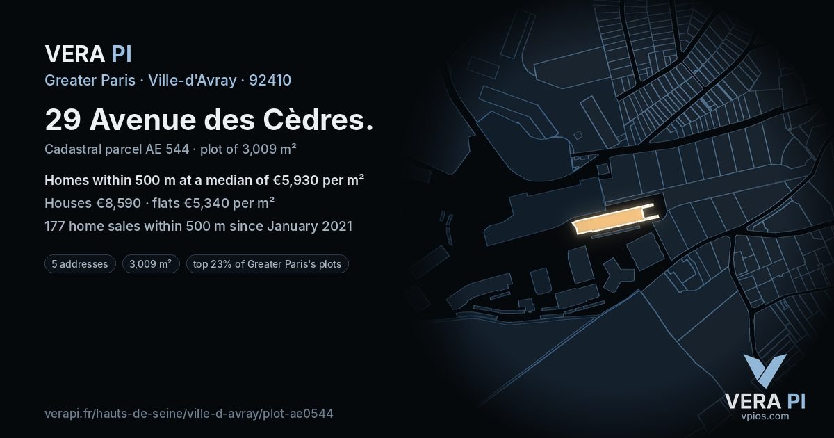 29 Avenue des Cèdres, Ville-d'Avray at night – the plot lit, the parcels around coloured by the prices near them