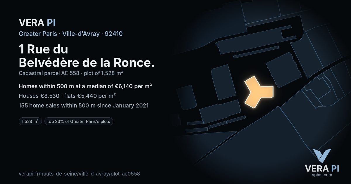 1 Rue du Belvédère de la Ronce, Ville-d'Avray at night – the plot lit, the parcels around coloured by the prices near them