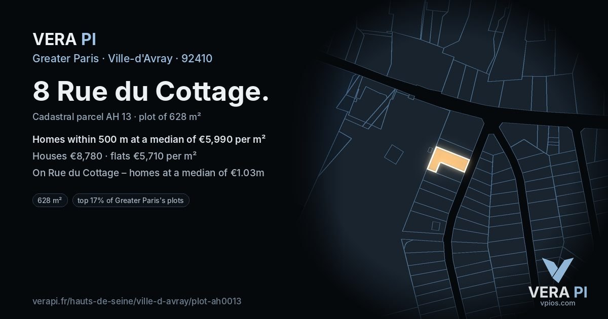 8 Rue du Cottage, Ville-d'Avray at night – the plot lit, the parcels around coloured by the prices near them