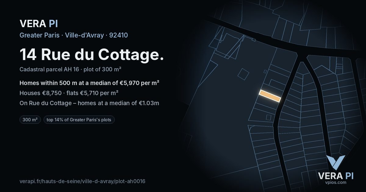 14 Rue du Cottage, Ville-d'Avray at night – the plot lit, the parcels around coloured by the prices near them