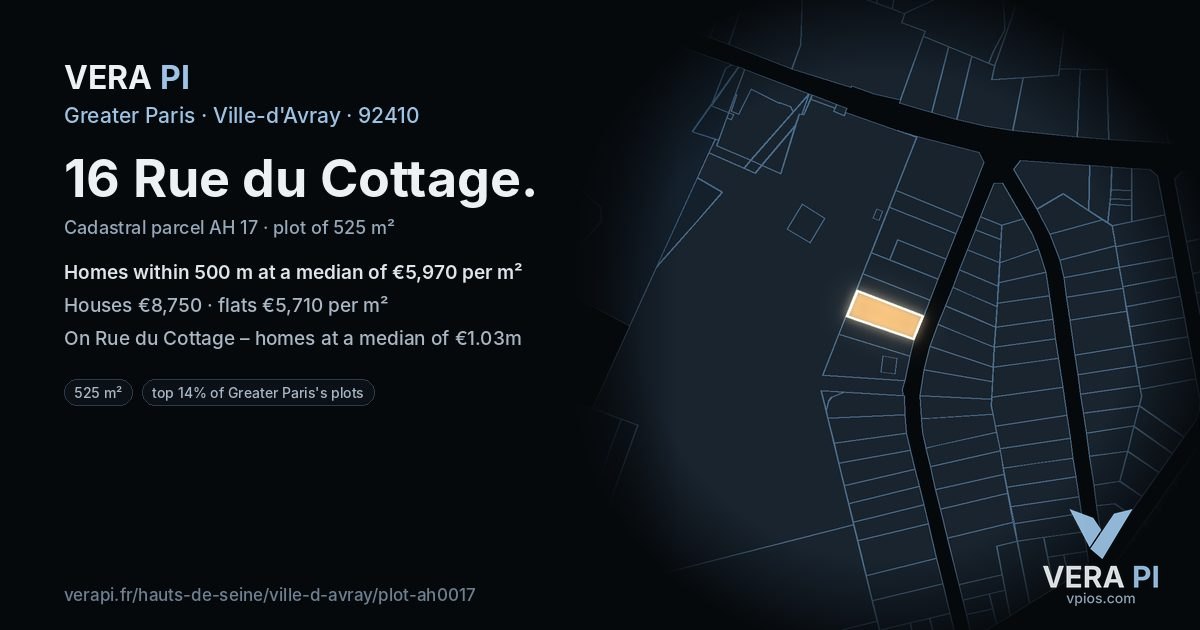 16 Rue du Cottage, Ville-d'Avray at night – the plot lit, the parcels around coloured by the prices near them