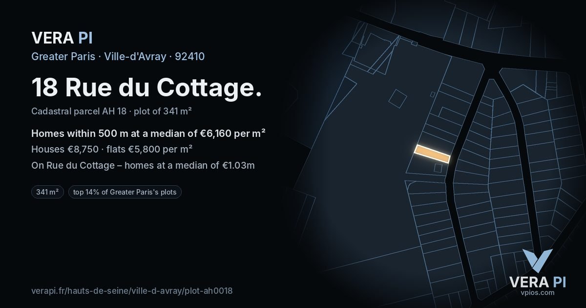 18 Rue du Cottage, Ville-d'Avray at night – the plot lit, the parcels around coloured by the prices near them