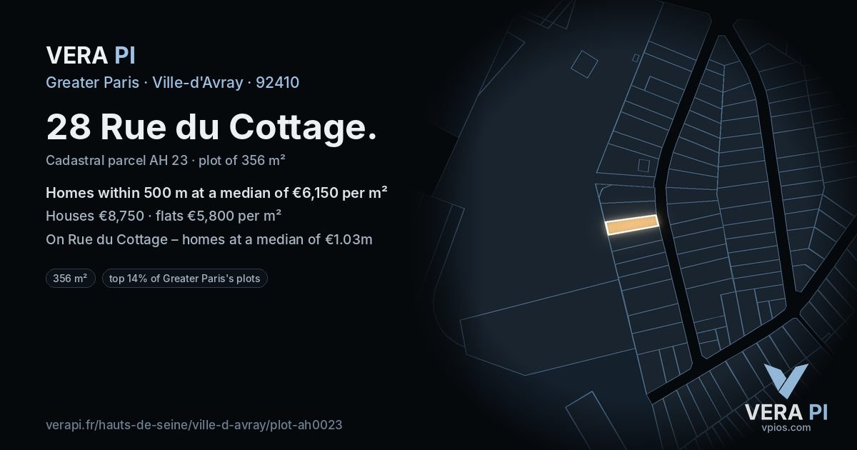 28 Rue du Cottage, Ville-d'Avray at night – the plot lit, the parcels around coloured by the prices near them