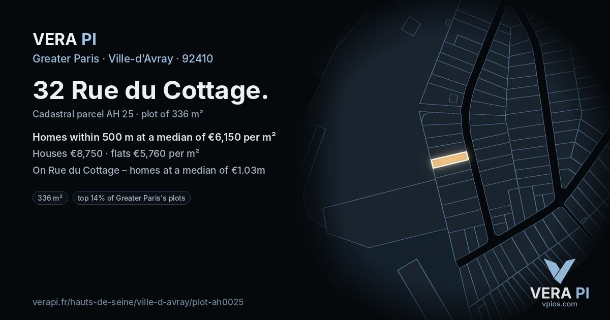 32 Rue du Cottage, Ville-d'Avray at night – the plot lit, the parcels around coloured by the prices near them