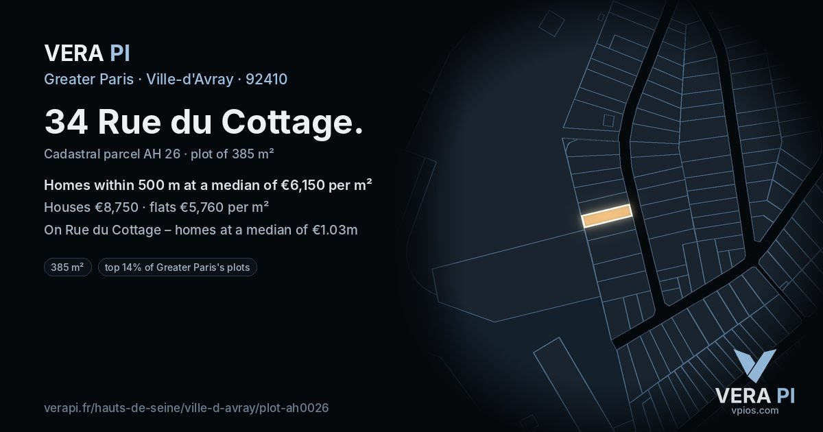 34 Rue du Cottage, Ville-d'Avray at night – the plot lit, the parcels around coloured by the prices near them