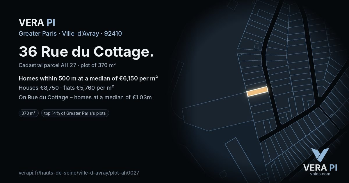 36 Rue du Cottage, Ville-d'Avray at night – the plot lit, the parcels around coloured by the prices near them