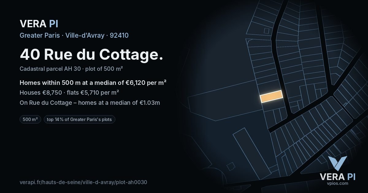 40 Rue du Cottage, Ville-d'Avray at night – the plot lit, the parcels around coloured by the prices near them