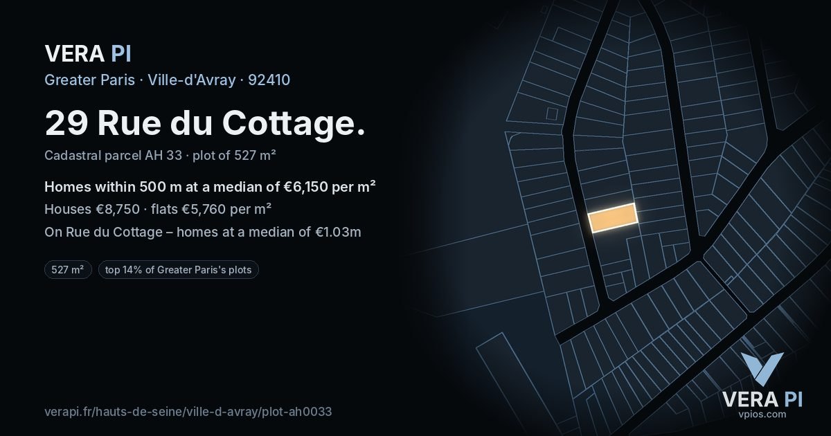 29 Rue du Cottage, Ville-d'Avray at night – the plot lit, the parcels around coloured by the prices near them