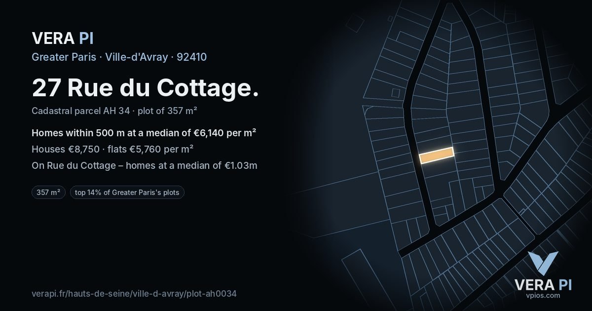 27 Rue du Cottage, Ville-d'Avray at night – the plot lit, the parcels around coloured by the prices near them