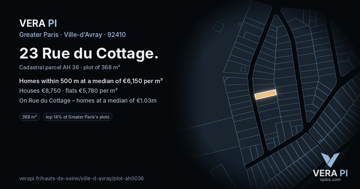 23 Rue du Cottage, Ville-d'Avray at night – the plot lit, the parcels around coloured by the prices near them