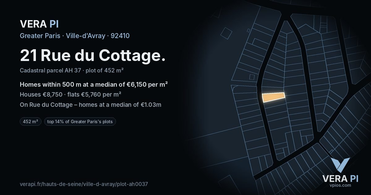 21 Rue du Cottage, Ville-d'Avray at night – the plot lit, the parcels around coloured by the prices near them
