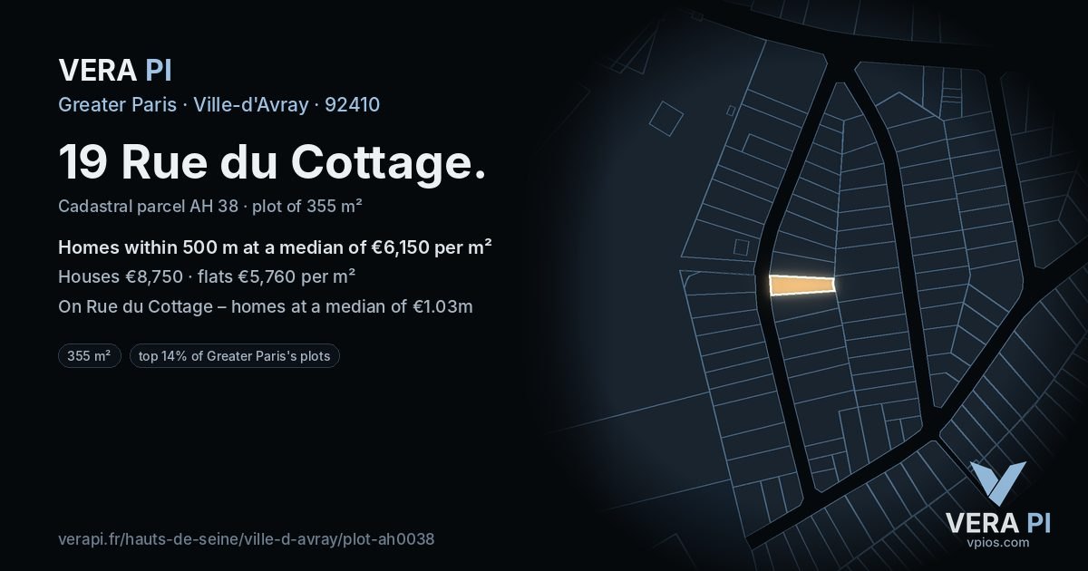 19 Rue du Cottage, Ville-d'Avray at night – the plot lit, the parcels around coloured by the prices near them