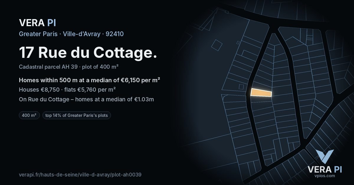 17 Rue du Cottage, Ville-d'Avray at night – the plot lit, the parcels around coloured by the prices near them
