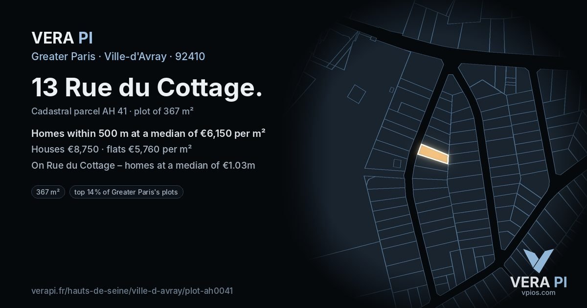13 Rue du Cottage, Ville-d'Avray at night – the plot lit, the parcels around coloured by the prices near them