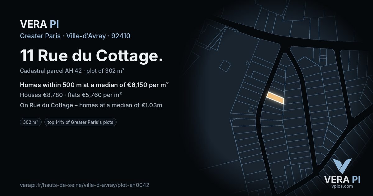 11 Rue du Cottage, Ville-d'Avray at night – the plot lit, the parcels around coloured by the prices near them