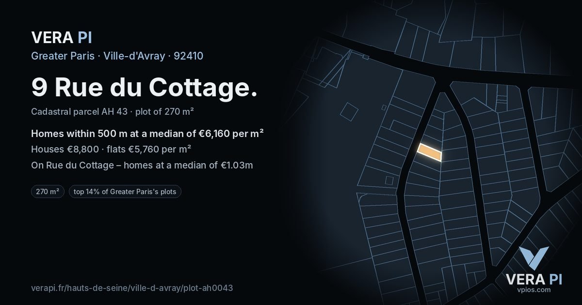 9 Rue du Cottage, Ville-d'Avray at night – the plot lit, the parcels around coloured by the prices near them