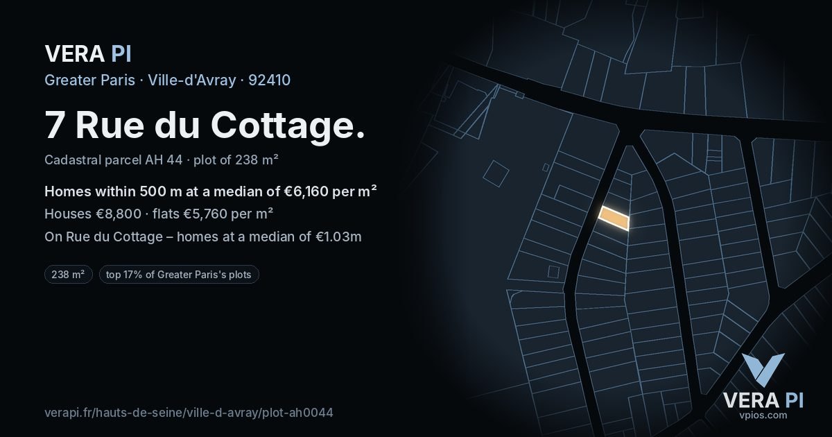 7 Rue du Cottage, Ville-d'Avray at night – the plot lit, the parcels around coloured by the prices near them