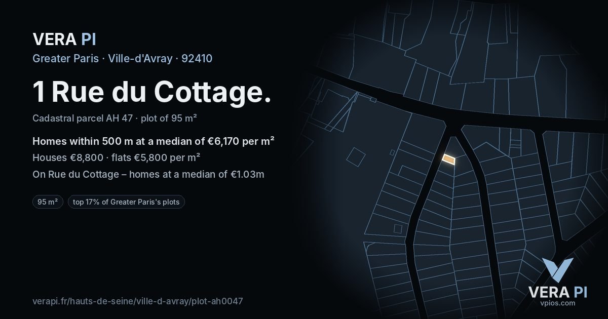 1 Rue du Cottage, Ville-d'Avray at night – the plot lit, the parcels around coloured by the prices near them