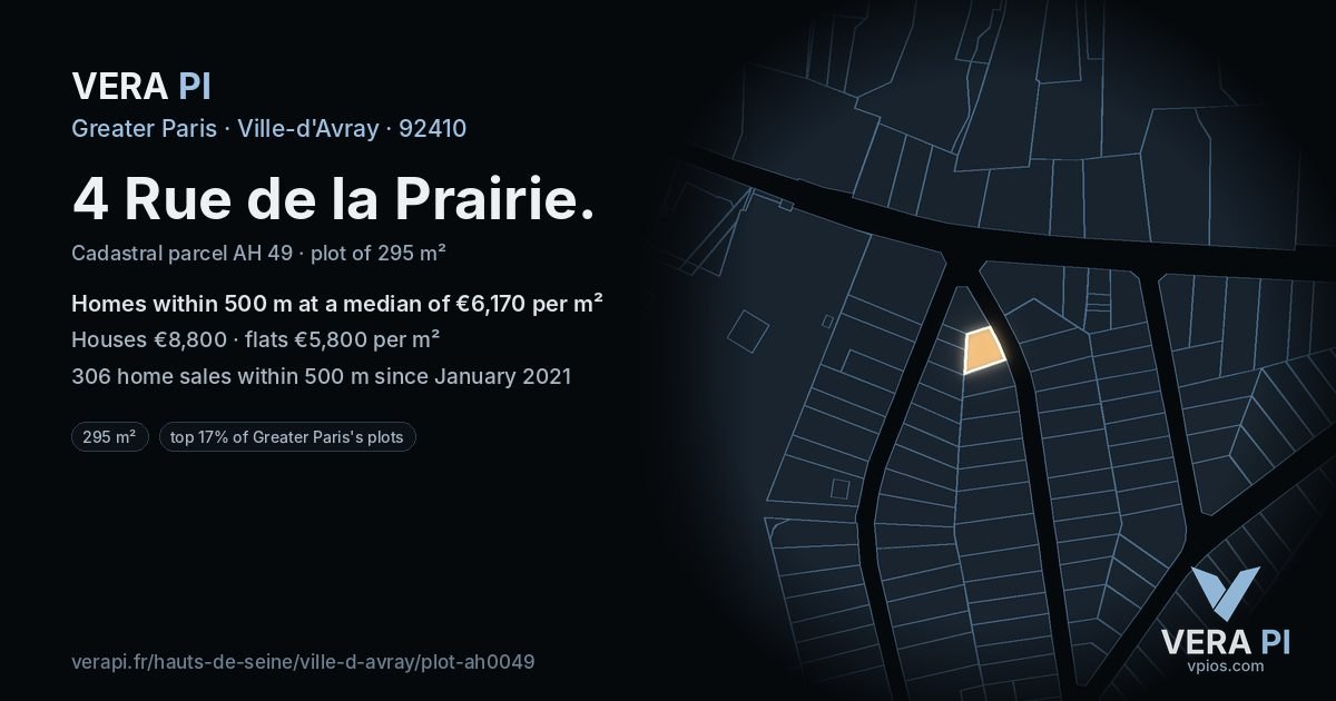 4 Rue de la Prairie, Ville-d'Avray at night – the plot lit, the parcels around coloured by the prices near them