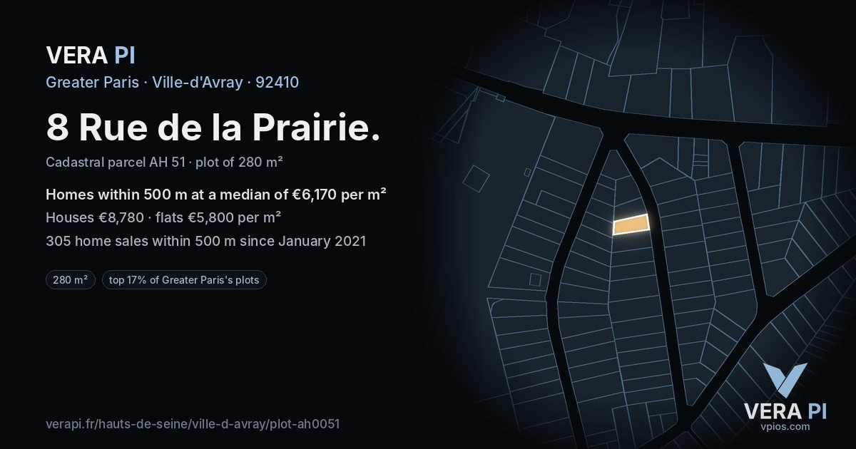 8 Rue de la Prairie, Ville-d'Avray at night – the plot lit, the parcels around coloured by the prices near them
