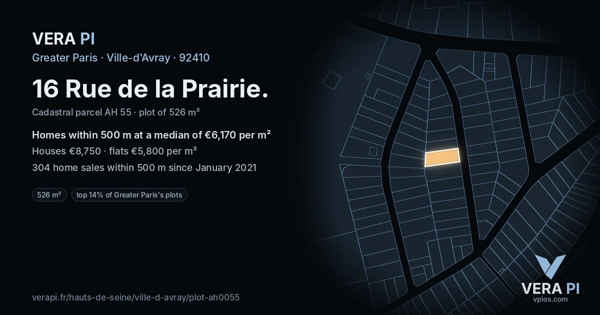 16 Rue de la Prairie, Ville-d'Avray at night – the plot lit, the parcels around coloured by the prices near them